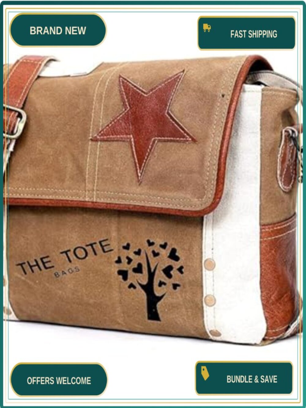 Canvas Leather Messenger Bag Crossbody Shoulder Satchel 11 Inch Star Flap